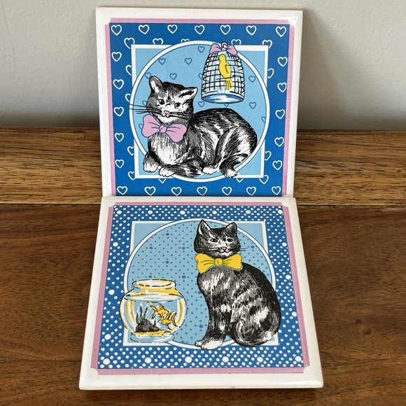 Vintage Cat Ceramic Tiles Trivets Wall Decor by Lanka WallTiles Kitschy Kitties - Picture 1 of 12